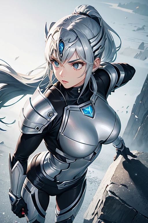 1female, Silver Ranger, silverarmor, Silver Power Ranger, Black stripes, Ultra HD, photo realism