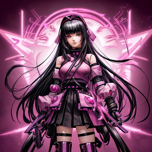 unique anime cyberpunk warrior game character, 1girl, clanwar lord, long straight black hair with bangs, pink clothing, pink headdress or pink bow on the head, girly, bimbo, intimidating but cute, bubbly personality, her favorite color is pink, magical background with a hint of purple theme and sakura and sakura petals