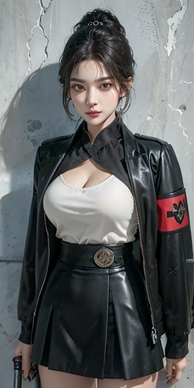 (highest resolution, clear_image), highest quality, masterpiece, very detailed, semi-realistic, woman with shoulder-length black hair, black pupil, mature, mature woman, emperor&#39;s sister, sexy, short hair, triple bang, Army uniform, Army color uniform jacket, soldier, , uniform, fighter front line, future, SF, universe、realistic, High resolution, soft light,1 female, alone, hip up, (detailed face),tattoo, jewelry, badge,, German/(sexyuniform/), Pencil Mini Skirt、（肌の露質の高いsexy制服）、（thighs、chest。Her shoulders are exposed and erotic）、equip a machine gun