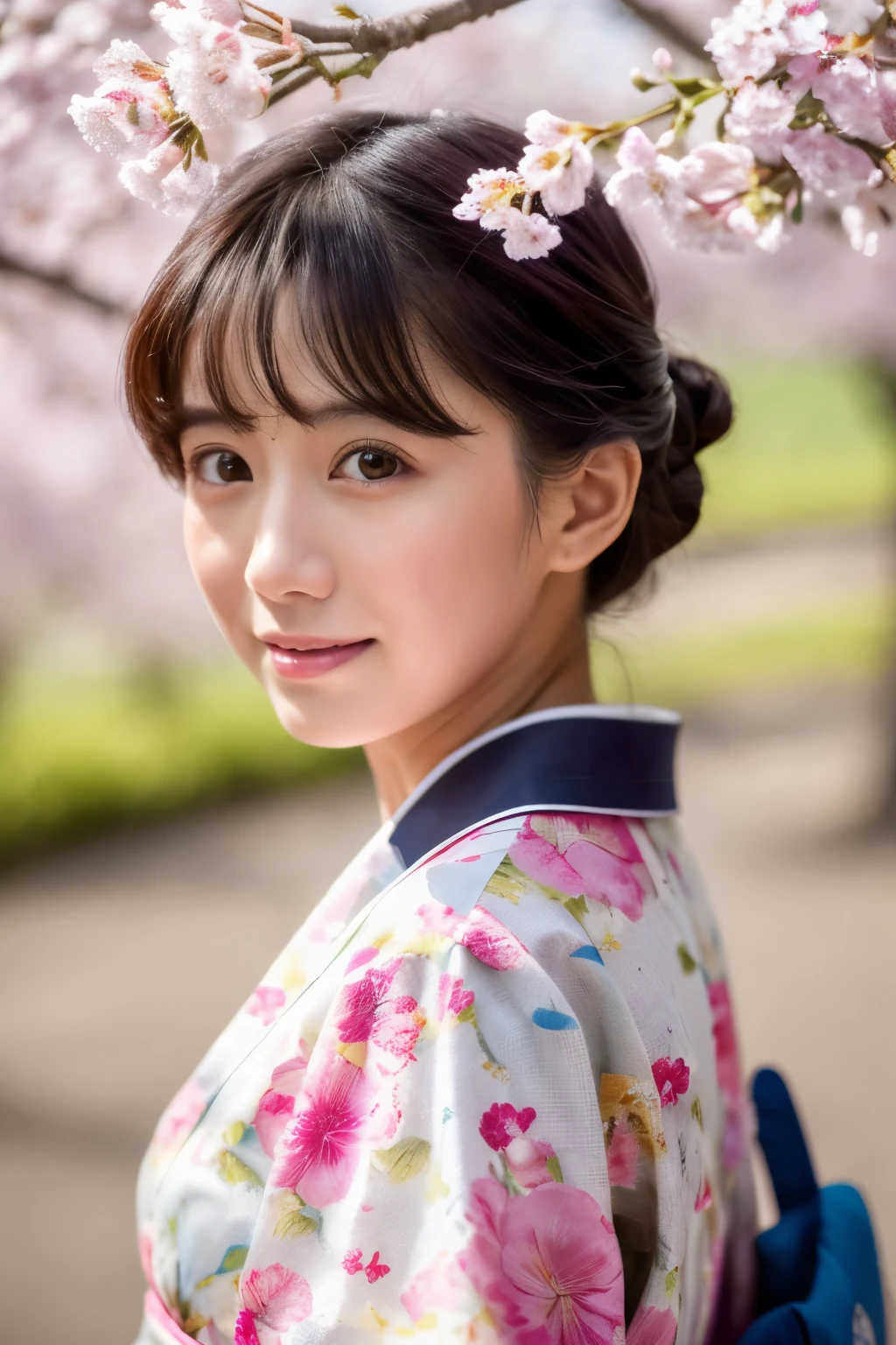 (masterpiece), High quality, 8K, High resolution, Skinny Japanese woman, 30 years old, Cute face:2, detailed face, detailed eyes, standing under cherry blossom trees, cascade of falling cherry blossoms, Japanese kimono