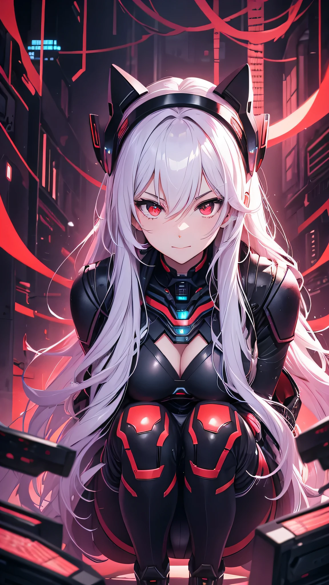 最high quality、best image quality、masterpiece、android girl((18-year-old、 By becoming、vest bust、medium bust,wide open breast tea、red glowing eyes, water hair、messy hair、long hair、thin,highest valley、Blue robot body、Shiny red body、Close ~ eyes、attack、Show the whole body、robot arm、robot feet、villain、evil smile、crawl on all fours、bad smile、laugh loudly)),high quality、beautiful art、background((dark bio facility、dark room、Infrared Sensor、red lighting))、Flight、debris flies、Depth of written boundary、movie、visual art、perfect art、8K,genuine、