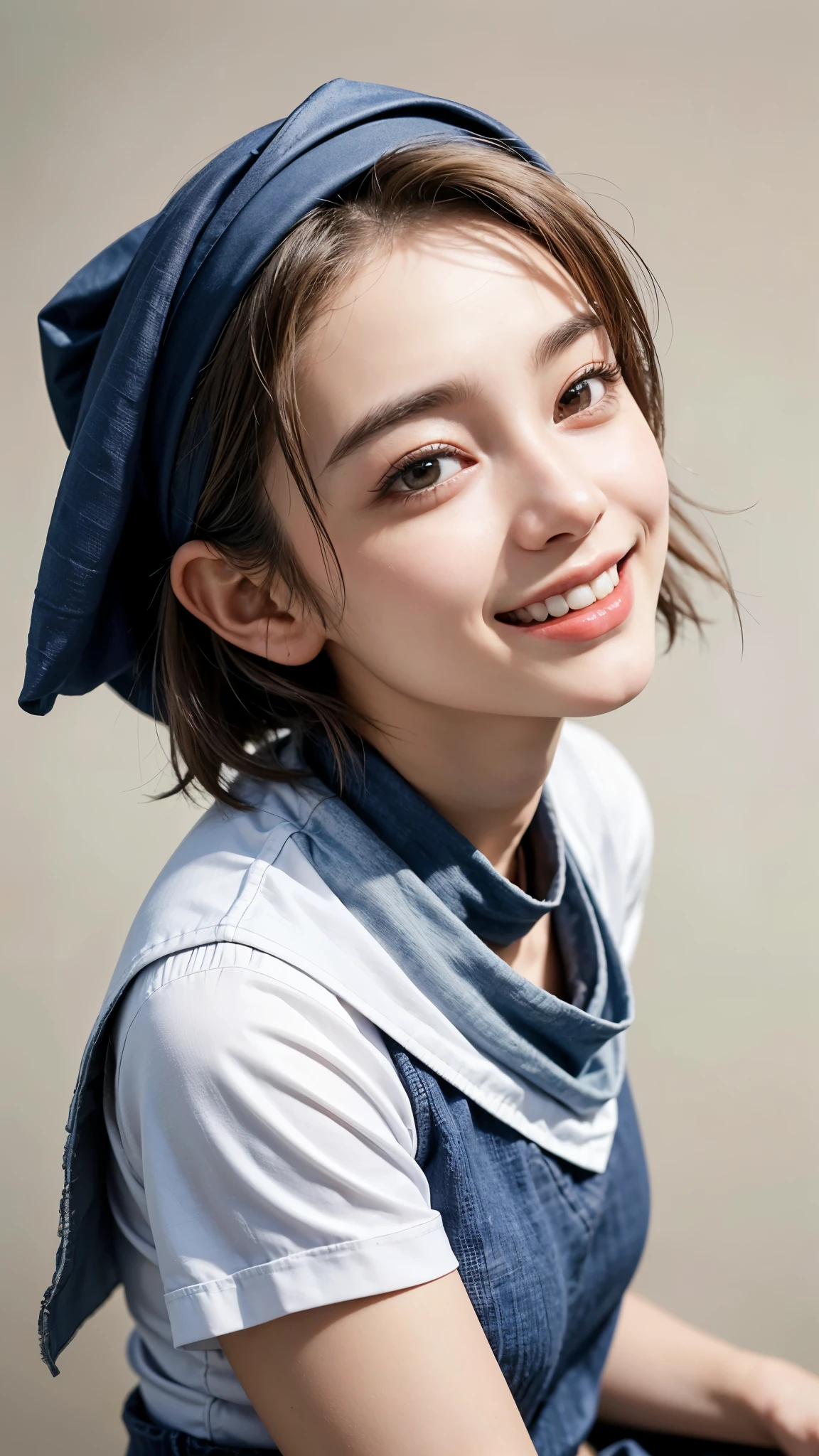 highest quality, masterpiece, ultra high resolution, (realistic:1.4), (portrait facing each other) Raw photo, 1 girl, 20-year-old,((miniskirt uniform)),((short hair)),((wrap a bandana on your head)),((looking up at the viewer)),realistic,((Simple solid color background)), picture media chest)),((toothy smile)),