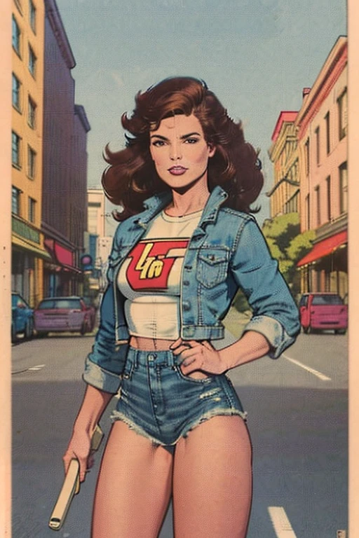Best qualite, 1 girl 25 years,solo, long brown hair, looking at viewer, denim jacket over white cropped t-shirt, blue denim shorts, white sneakers, cosmopolitan city scene