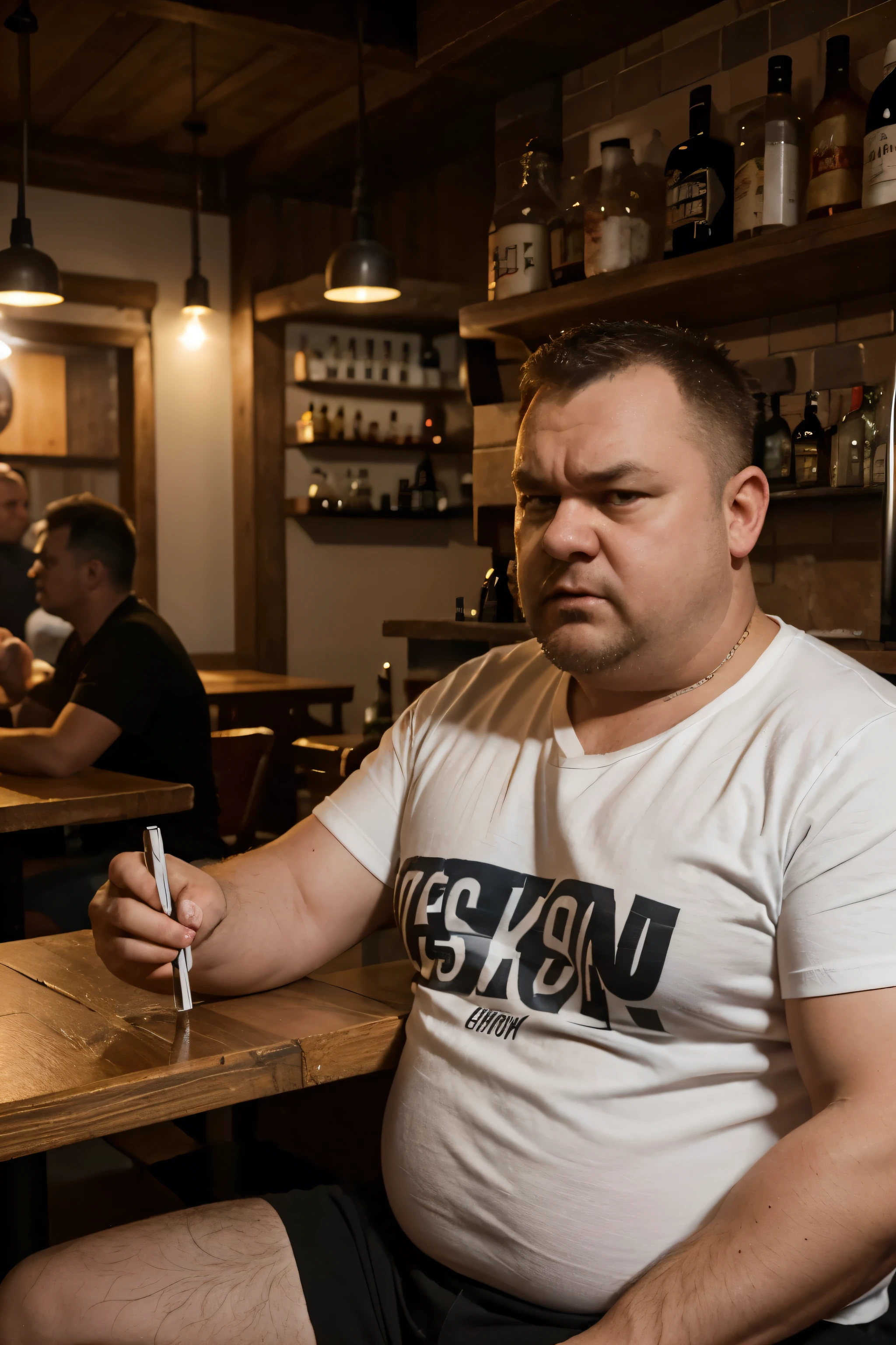 A typical Czech of 35-40 years of age named Franta Řískáč. Czech bar. White short T Shirt This is a man who is overweight, always pissed off and always eating pork and beef. He is angry with everything that is new and unusual, and therefore he swears a lot at the young and if he gets a post about an unusual food, technology or law, he immediately starts writing negative and mean comments. He is very unpleasant. He is eating pork and angry. Realistic picture