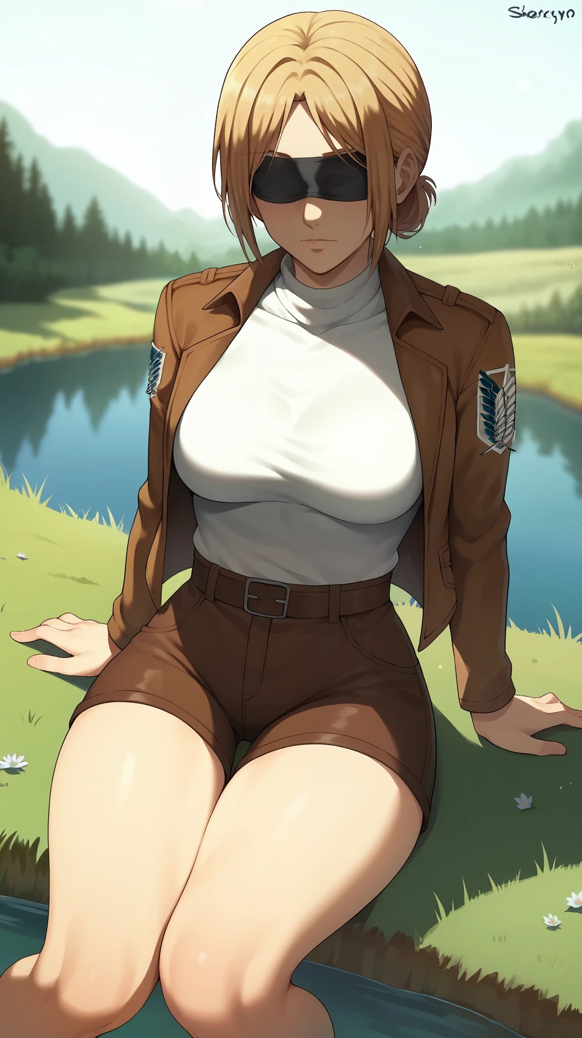 masterpiece, best quality, victoria, seras, 1girl, solo, white shorts, long sleeves , sitting, campfire, warm lighting , , annoyed, head tilt, looking to the side, gigantic breasts, breast focus,  boob window, bare breasts, arms at side, arms behind back, Detailed face, Detailed blue eyes, Detailed face, blue eyes, perfect eyes, perfect face, nude