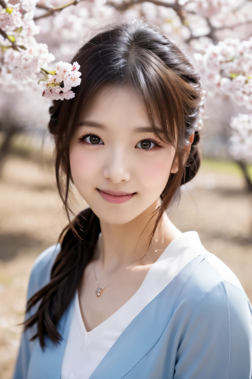 (masterpiece), High quality, 8K, High resolution, Skinny Japanese woman, 30 years old, Cute face:2, detailed face, detailed eyes, standing under cherry blossom trees, cascade of falling cherry blossoms, Japanese kimono