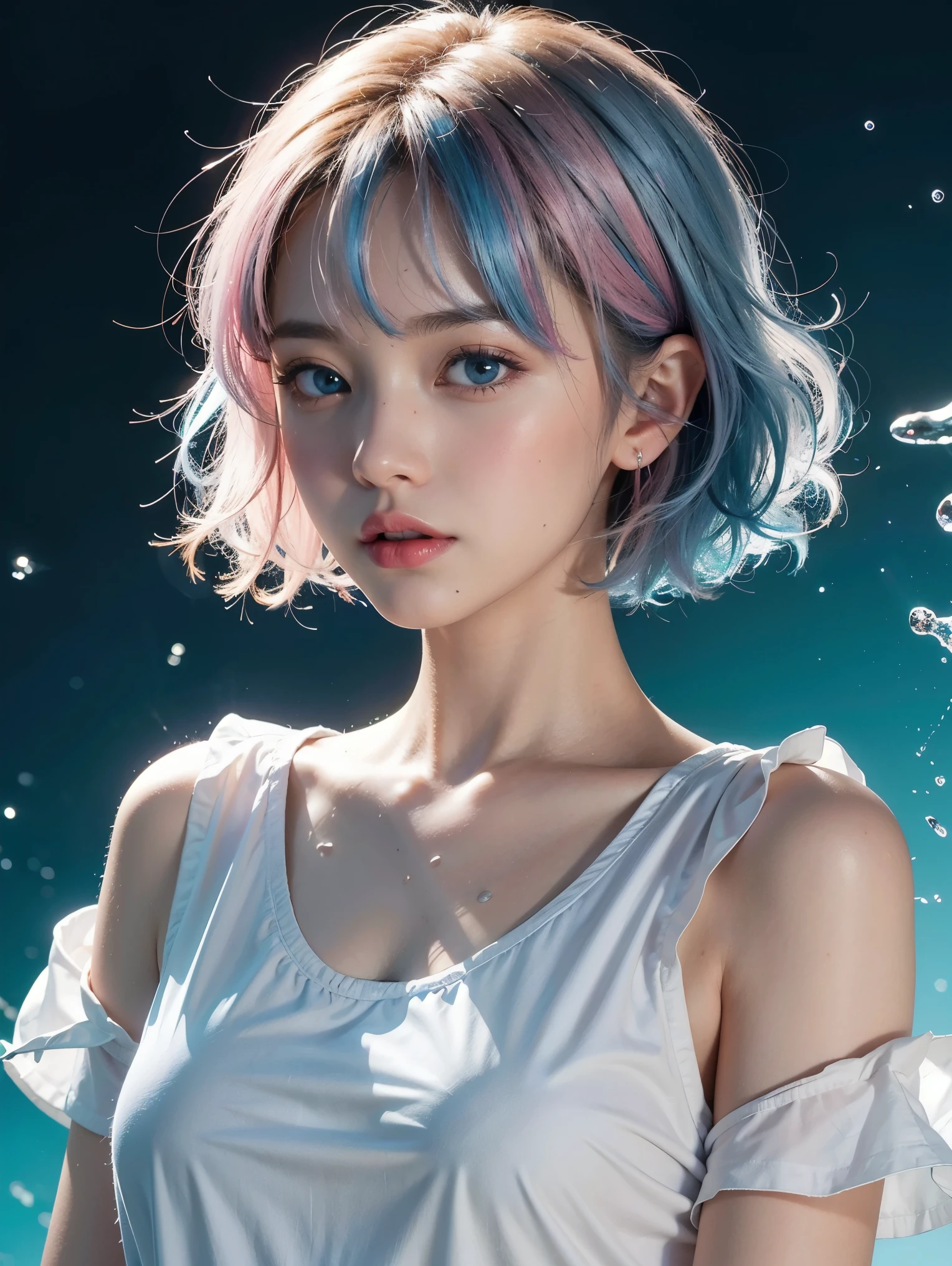 （masterpiece、best quality、high resolution），（Colorful background，（splash of conk splatter，splash of color）），Sweet girl，light blueshort hair，short hair，[light blue|pink]hair，curls，blue eyes，flash，pink lips，（Splash color，（white shirt），front，Whole BodyEsbian:0.6，Volumetric lighting，splash of color，Color explosion，Surrounded by colorful splashes