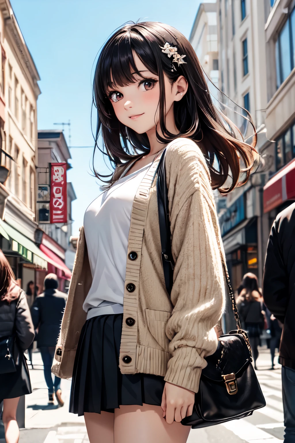 very cute and beautiful girl,teen,(highly detailed beautiful face and eyes),white blouse,
smile,cowboy shot,looking at viewer,
(beige cardigan:1.12) BREAK zettai ryouiki,brown shoulder bag,brown boots,
stylish pose,hair ornament,black hair,(pleated black mini skirt:1.17),
standing in front of bakery shop show window,downtown street,crowd,people,
(best quality,masterpiece:1.0),absurdres,highres,ultra-detailed,extremely detailed,32k,8k resolution,
intricate details,cinematic scene,detailed background,solo,dynamic angle,
natural lighting,hair fluttering in the wind,beautiful detailed sky,