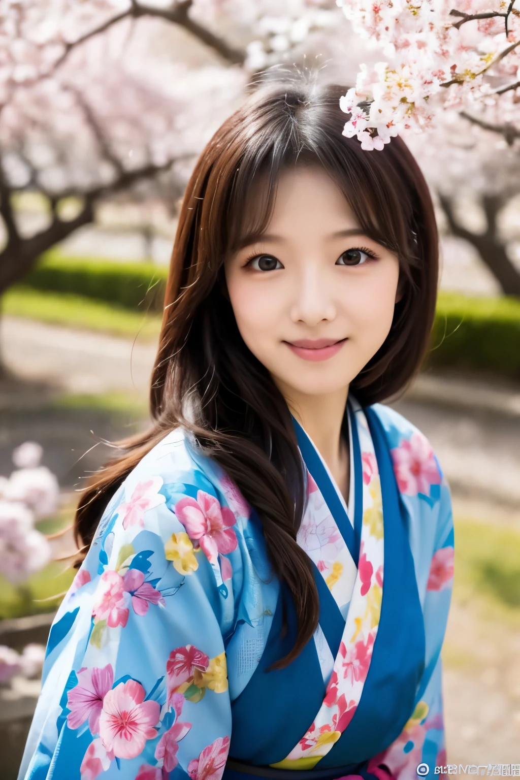 (masterpiece), High quality, 8K, High resolution, Skinny Japanese woman, 30 years old, Cute face:2, detailed face, detailed eyes, standing under cherry blossom trees, cascade of falling cherry blossoms, Japanese kimono