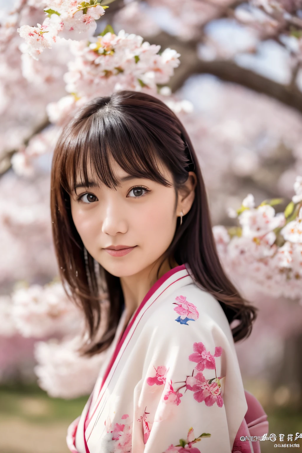 (masterpiece), High quality, 8K, High resolution, Skinny Japanese woman, 30 years old, Cute face:2, detailed face, detailed eyes, standing under cherry blossom trees, cascade of falling cherry blossoms, Japanese kimono