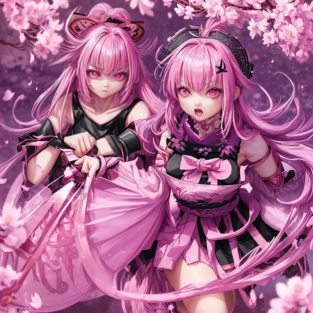 unique anime clan warrior game character, 1girl, clanwar lord, long straight black hair with bangs, pink clothing, pink headdress or pink bow on the head, girly, bimbo, intimidating but cute, bubbly personality, her favorite color is pink and lilac, magical background with a hint of purple theme and sakura and sakura petals
