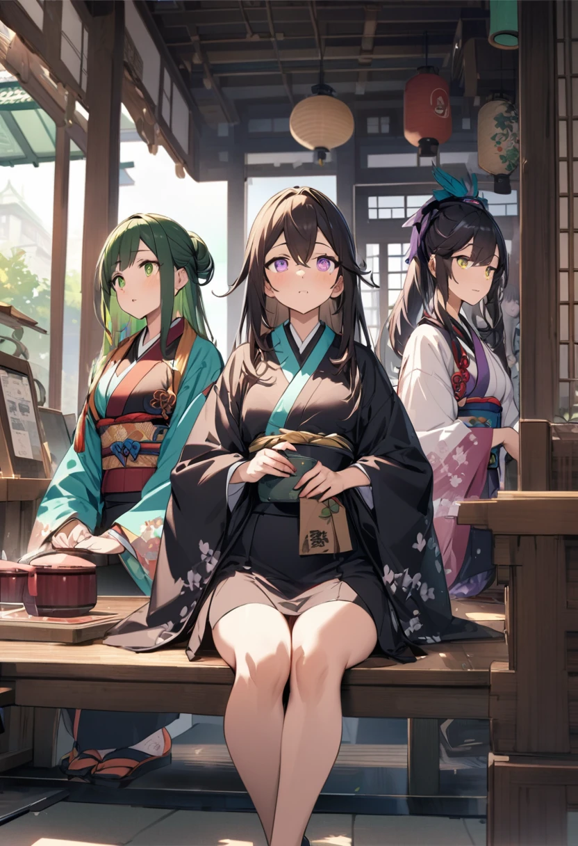 high detail、anatomically correct、Japanese style、three age girls、Gradient colored eyes、state of the city、Take a break at a tea shop