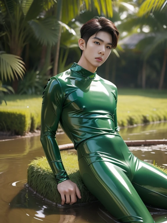 Swampland Hwang Hyun-chen Green Shiny Latex Set Young Korean Male Full Body Photo Trapped in a Mud Tight Latex Set , epic reality , epic photorealistic , ultra realism , handsome