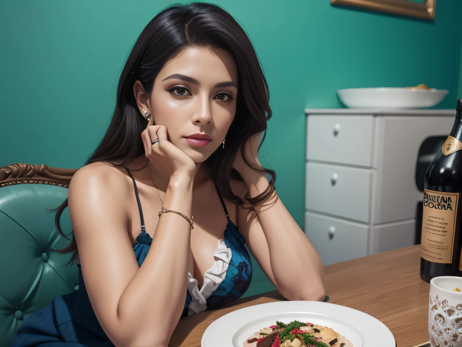 there is a woman sitting at a table with a plate of food, using blue blouse, fernanda suarez, by Nándor Katona, by Gina Pellón, by Amelia Peláez, magda torres gurza, malika favre, lorena avarez, by Glòria Muñoz, valentina remenar, profile image, alanis guillen. modeling for dolce and gabbana, High quality, high resolution, 8k.