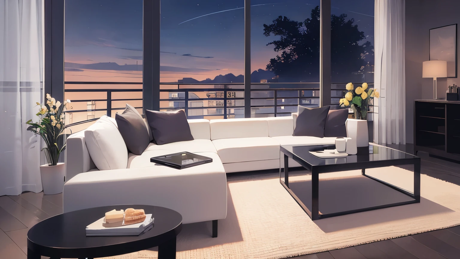 (night, dark:1.2), living、sofa、table、ceiling、floor