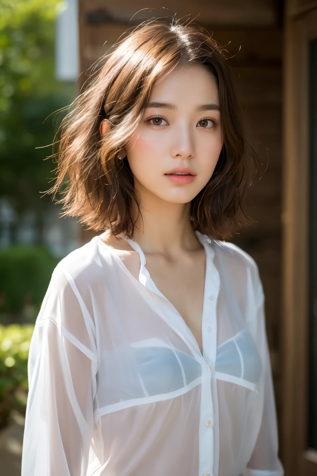 16 year old girl, very thin fabric, Men's Shirt, No panties, No bra, ((wet state)), Natural light, highest quality, masterpiece, ulzzang-6500-v1.1, (Raw photo: 1.2), (photorealistic: 1.4), (See-through:1.3), very delicate and beautiful, Very detailed CG, unity, 8k wallpaper, wonderful, small details, masterpiece, highest quality, Highly detailed CG Unity 8k wallpaper, absurd, incredibly absurd, huge file size, Super detailed, High resolution, very detailed, beautiful detailed girl, very detailed eyes and face, fine and beautiful eyes, (Raw photo, highest quality), (realistic, photorealistic: 1.3), light shines on your face, (((layered haircut, big: 1.2)),