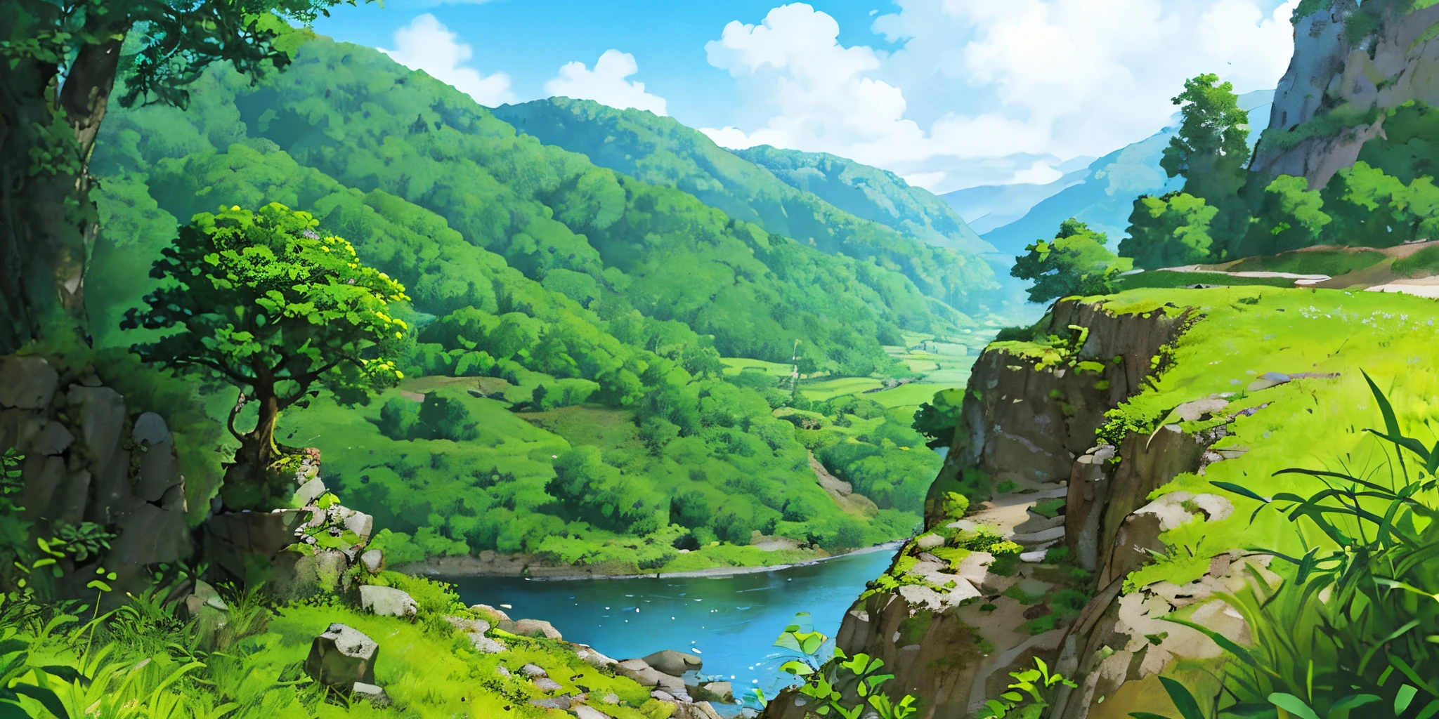 (((highest quality))),single build,architecture, green_null, building,cloudy_null, Day, fantasy, fence, field, Home, build,architecture,landscape, moss, outdoor, overgrown, path, river, road, rock, scenery, null, sword, tower, wood, waterfall ,