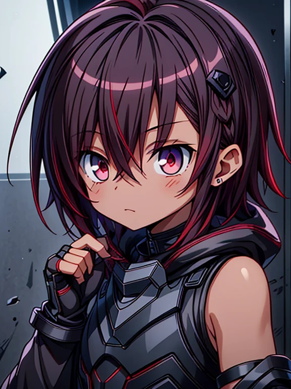 Masterpiece High res, high definition, male dark skin, cute shota,red eyes, dark brown hair, medium dark brown hair,wearing a black exoskeleton, detached sleeves, black armoured Gauntlets, black tech jacket, black bodysuit,black exoskeleton, black fingerless gloves, blue gems, close up
