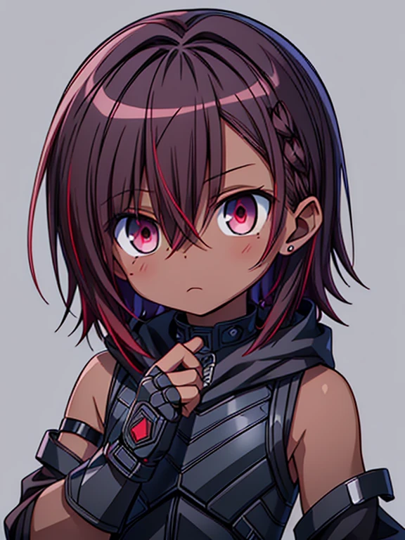 Masterpiece High res, high definition, male dark skin, cute shota,red eyes, dark brown hair, medium dark brown hair,wearing a black exoskeleton, detached sleeves, black armoured Gauntlets, black tech jacket, black bodysuit,black exoskeleton, black fingerless gloves, blue gems, close up
