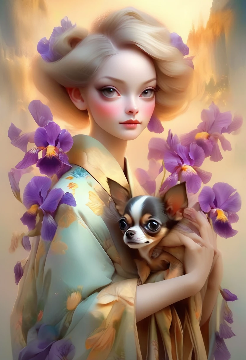 A beautiful woman in a kimono decorated with iris flowers stands like a beautiful model、holding a small chihuahua in his arms,,whole body,Butterflies dance,Iris flowers on the background of the valley, background number 28,beautiful digital illustrations, Beautiful artwork illustration, amazing digital illustrations, beautiful digital artwork, Works that influenced Anna Dittmann, amazing digital art, exquisite digital illustration, In the style of Anna Dittmann, beautiful digital art, beautiful amazing digital art, very beautiful digital art, beautiful fantasy art