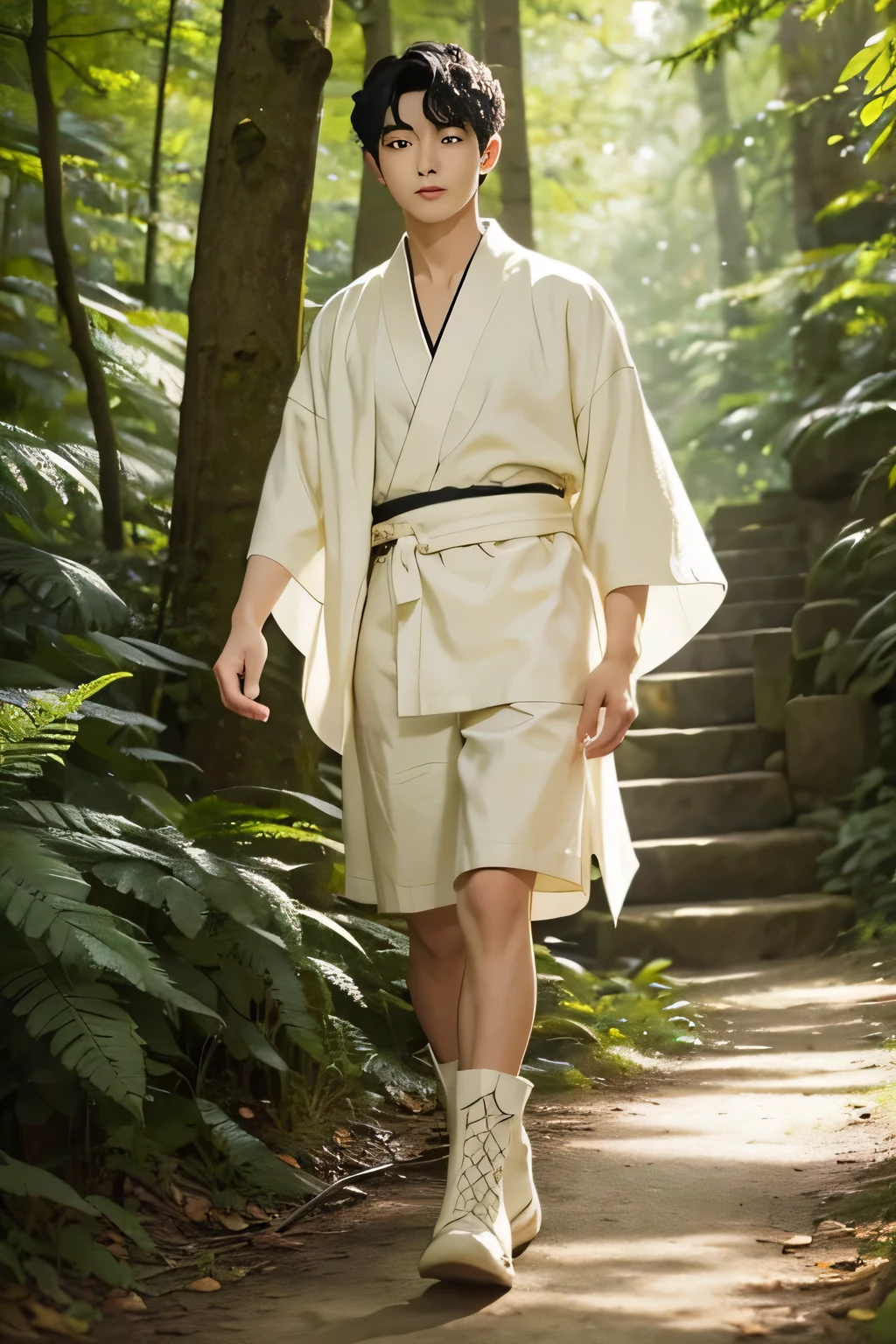Create an adorable image of a young handsome Japanese guy with big green eyes,prfect body, wearing white shorts and boots. wearing a cream kimono and has curly black hair. Imagine him walking in the woods, in a Ghibli style.