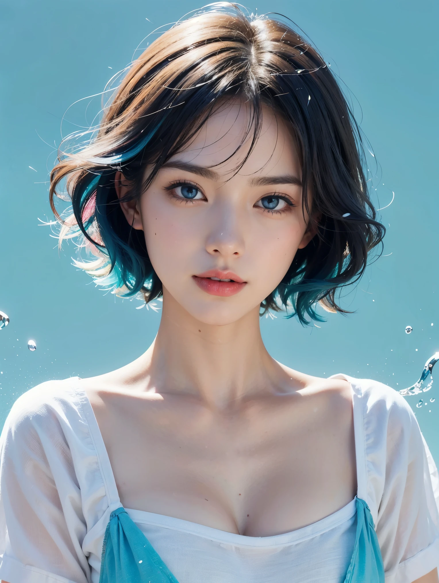 （masterpiece、best quality、high resolution），（Colorful background，（splash of conk splatter，splash of color）），Sweet girl，light blueshort hair，short hair，[light blue|pink]hair，curls，blue eyes，flash，pink lips，（Splash color，（white shirt），front，Whole BodyEsbian:0.6，Volumetric lighting，splash of color，Color explosion，Surrounded by colorful splashes