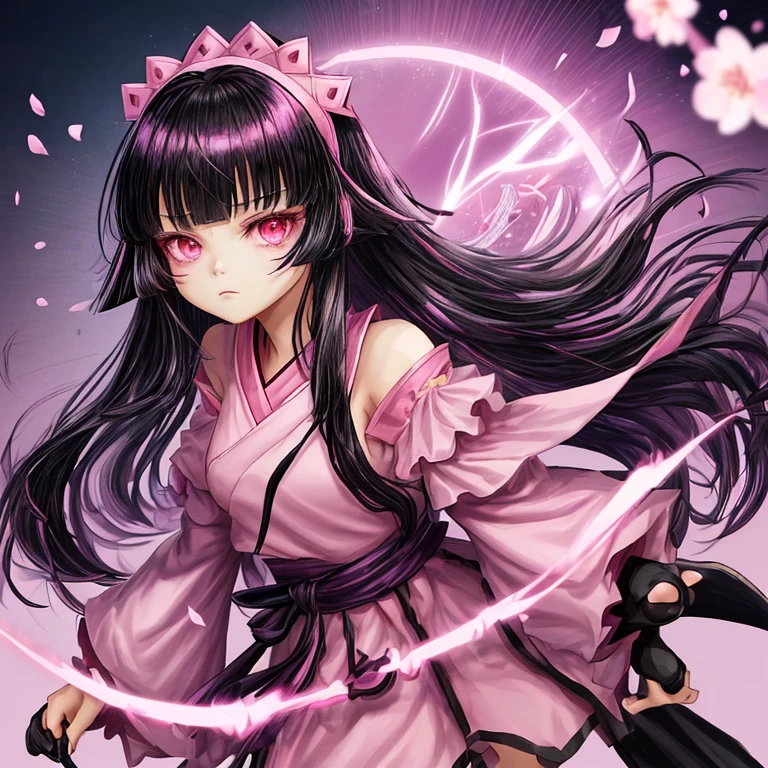 unique anime clan warrior game character, 1girl, clanwar lord, long straight black hair with bangs, pink clothing, pink headdress or pink bow on the head, girly, bimbo, intimidating but cute, bubbly personality, her favorite color is pink and lilac, magical background with a hint of purple theme and sakura and sakura petals, light colors, not bright but light colors, 1girl