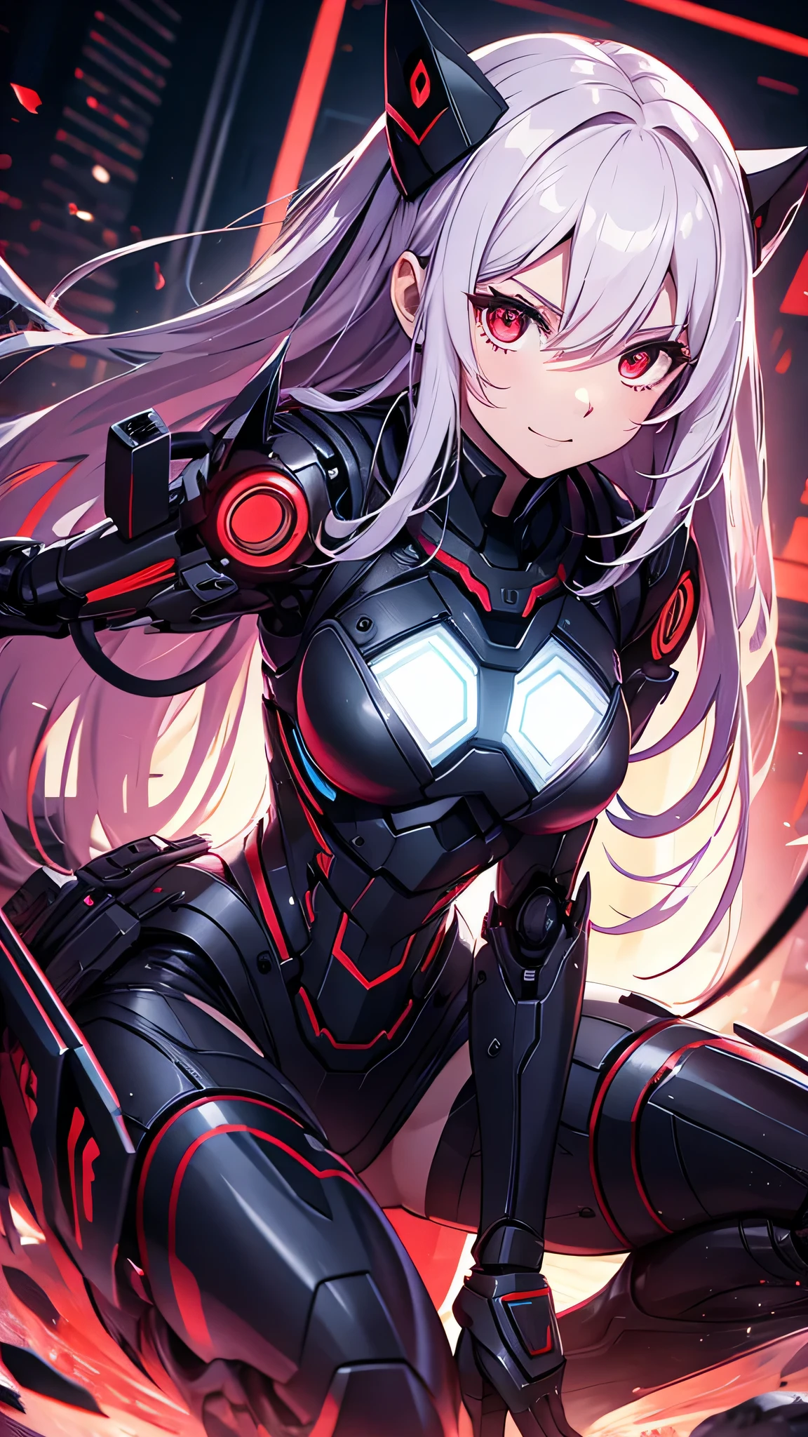 最high quality、best image quality、masterpiece、android girl((18-year-old、 By becoming、vest bust、medium bust,wide open breast tea、red glowing eyes, water hair、messy hair、long hair、thin,highest valley、white robot body、shining blue body、Close ~ eyes、All connected to cables、Show the whole body、robot arm、robot feet、villain、evil smile、squat、Leaning forward)),high quality、beautiful art、background((dark bio facility、dark room、Infrared Sensor、red lighting))、Flight、debris flies、Depth of written boundary、movie、visual art、perfect art、8K,genuine、