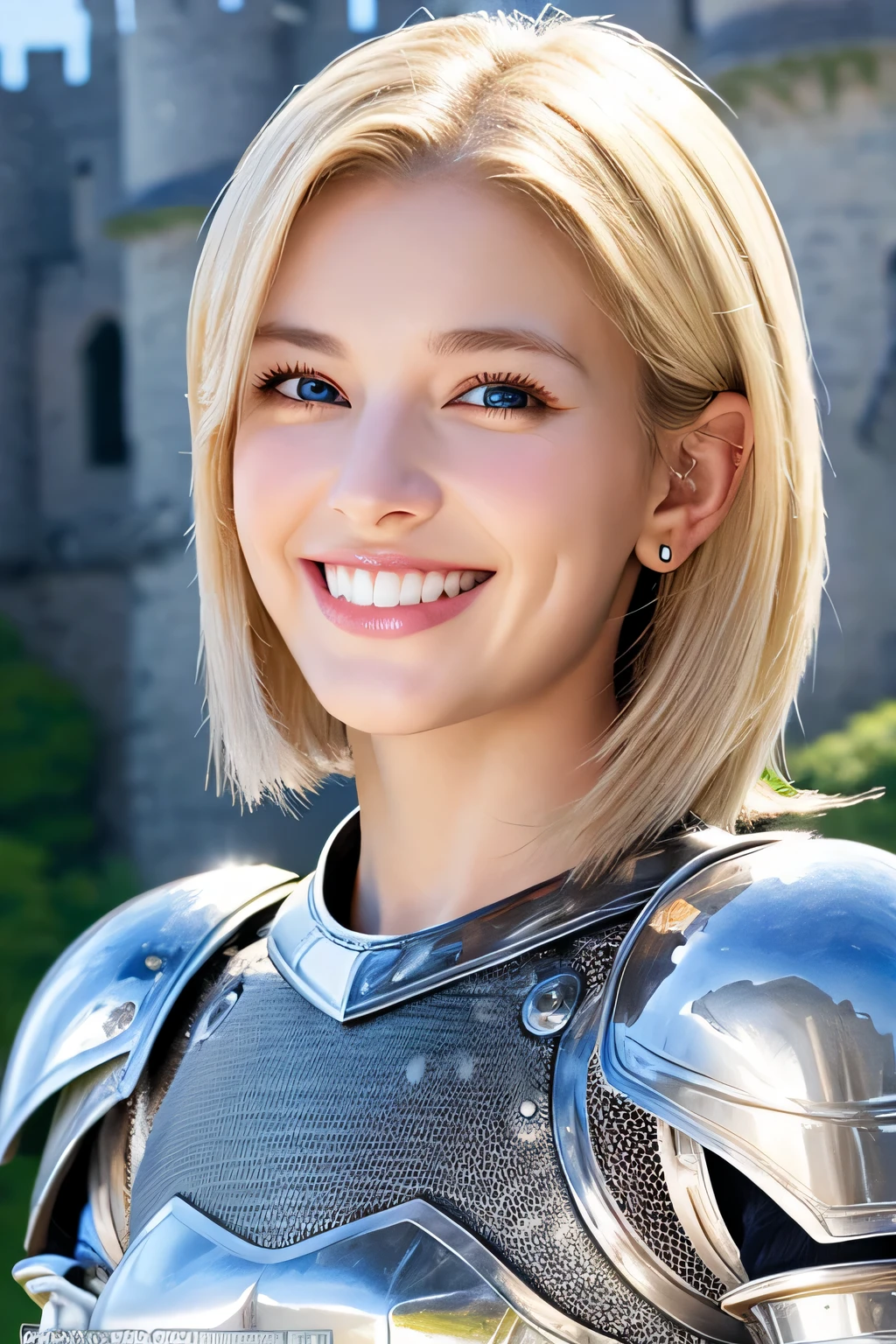 8K、highest quality、female knight、The background is a castle、Luxurious Silver Armor、heavy equipment、hairstyle shortcut、smile、beautiful teeth、full body photo、ear piercing、white woman、blonde、blue eyes、Gummy Smile