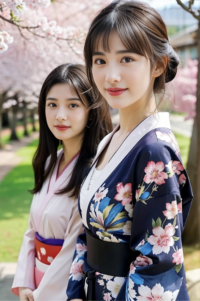 Three beautiful half-face women,baby face、 long hair、With bangs、japanese kimono,slim、 highest quality, masterpiece, ultra high resolution, Gorgeous floral patterned kimono、Full body figure、Face to face、facing the front、realistic, look at the horizon, smile、Cherry Blossom Scenery、inside the shrine grounds、panoramic、Full body figure、Taken from a distance