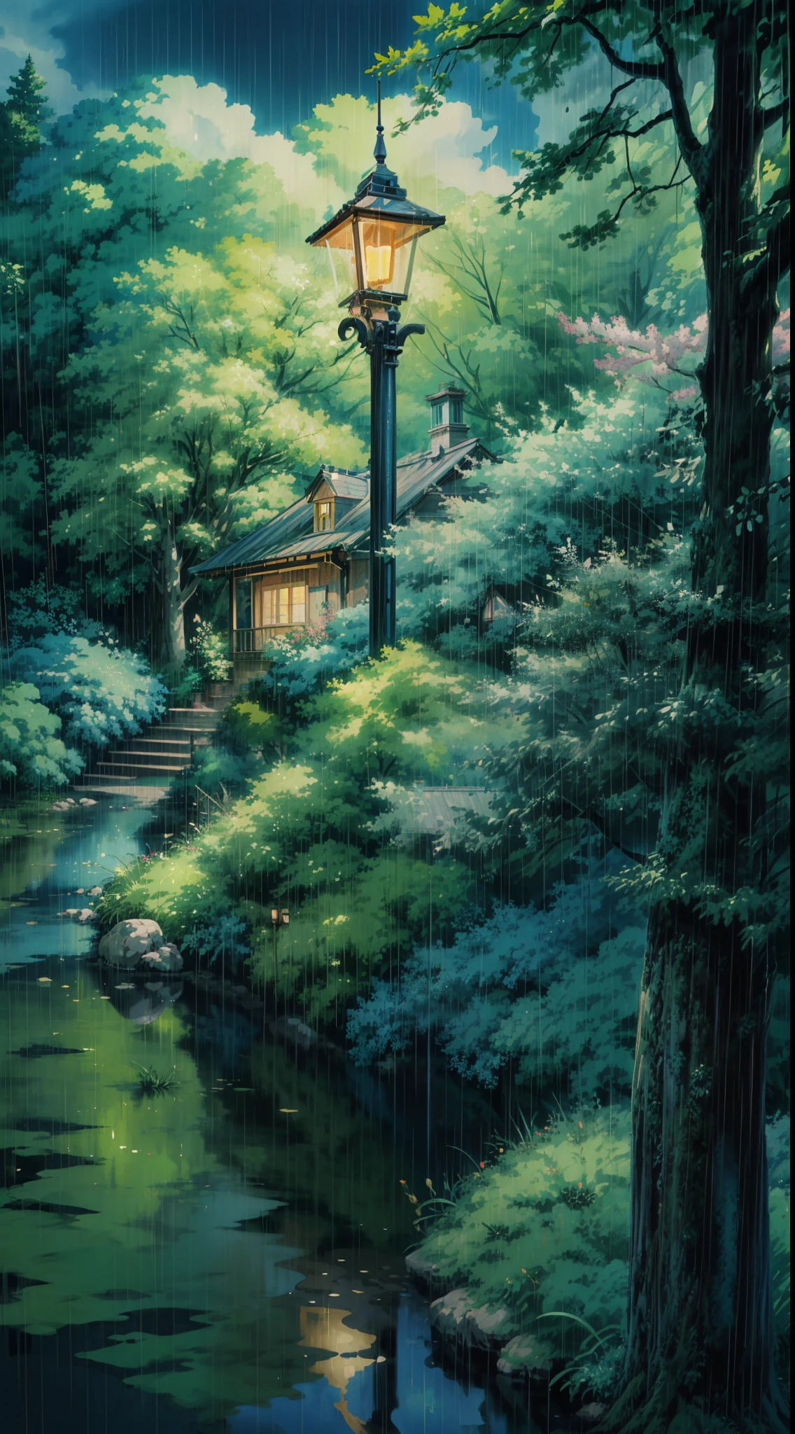a painting of a lamp post in the rain, overgrowth. by makoto shinkai, by Kaii Higashiyama, it\'s raining, beautiful painting of a tall, green rain, kinkade, street lamp, by Evgeny Lushpin, by Lee Madgwick, studio ghibli painting, studio ghibli environment, jon berkey, cinematic studio ghibli still, anime countryside landscape, anime landscape, anime scenery, scenery art detailed, studio ghibli environment, by Makoto Shinkai, by makoto shinkai, anime. by makoto shinkai, ( ( makoto shinkai ) ), by Tadashige Ono, 4k hd,, beautiful art uhd 4 k, a beautiful artwork illustration, beautiful digital painting, highly detailed digital painting, beautiful digital artwork, detailed painting 4 k, very detailed digital painting, rich picturesque colors, gorgeous digital painting