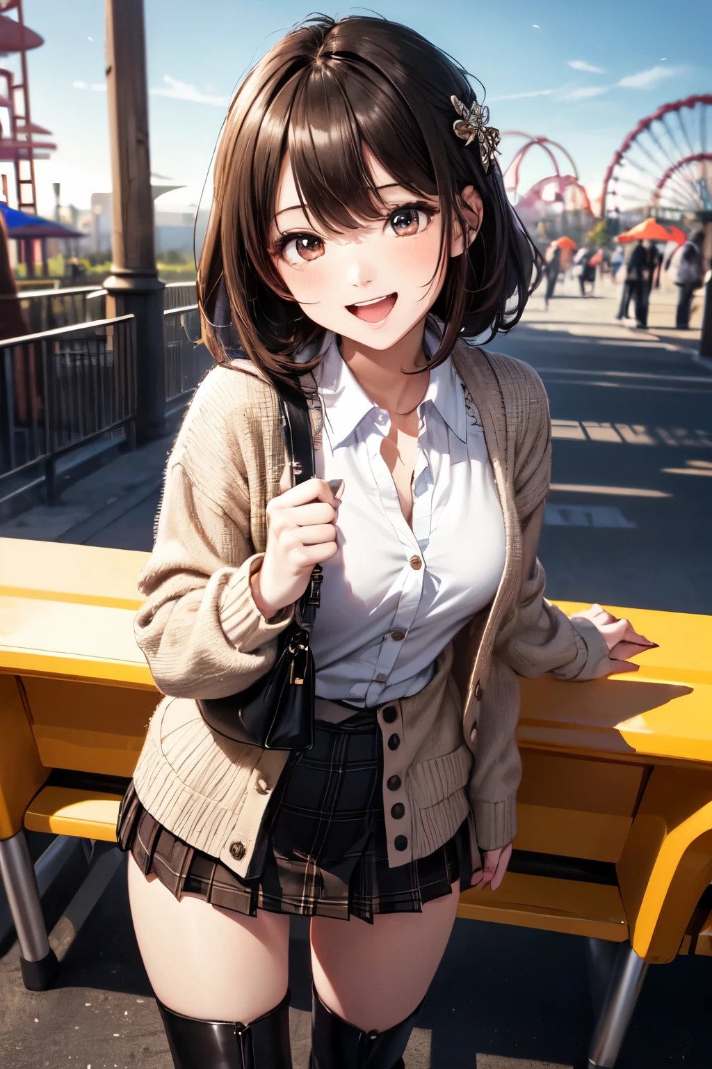Very cute and beautiful girl riding an amusement park ride,(Very detailedな美しい顔),(White blouse),Large Breasts, smile,Happy,(Beige cardigan:1.2) break zettai ryouiki,(Plaid brown mini skirt:1.2), hair ornaments,Black Hair,(Black shoulder bag),(Black boots),White panties, (highest quality,masterpiece:1.2),Absurd,High resolution,Super detailed,Very detailed,32k,8K resolution, Intricate details,Movie Scenes,Detailed Background,alone,Dynamic Angle,nsfw,skirt lift,show off panty,open clothes,undressing
