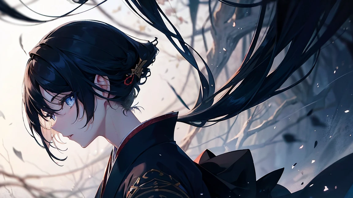 The scene depicts a stunningly detailed masterpiece, featuring a beautiful girl with black and navy hair, exquisitely sculpted facial features, blue eyes, and porcelain skin, adorned in a traditional Japanese kimono. Her eyes gleam in the darkened environment of the night, enveloped in an ethereal light reminiscent of a fresco painting, as she locks eyes with a short-haired boy with red eyes, also with black hair, in a side profile shot, amidst the forest.