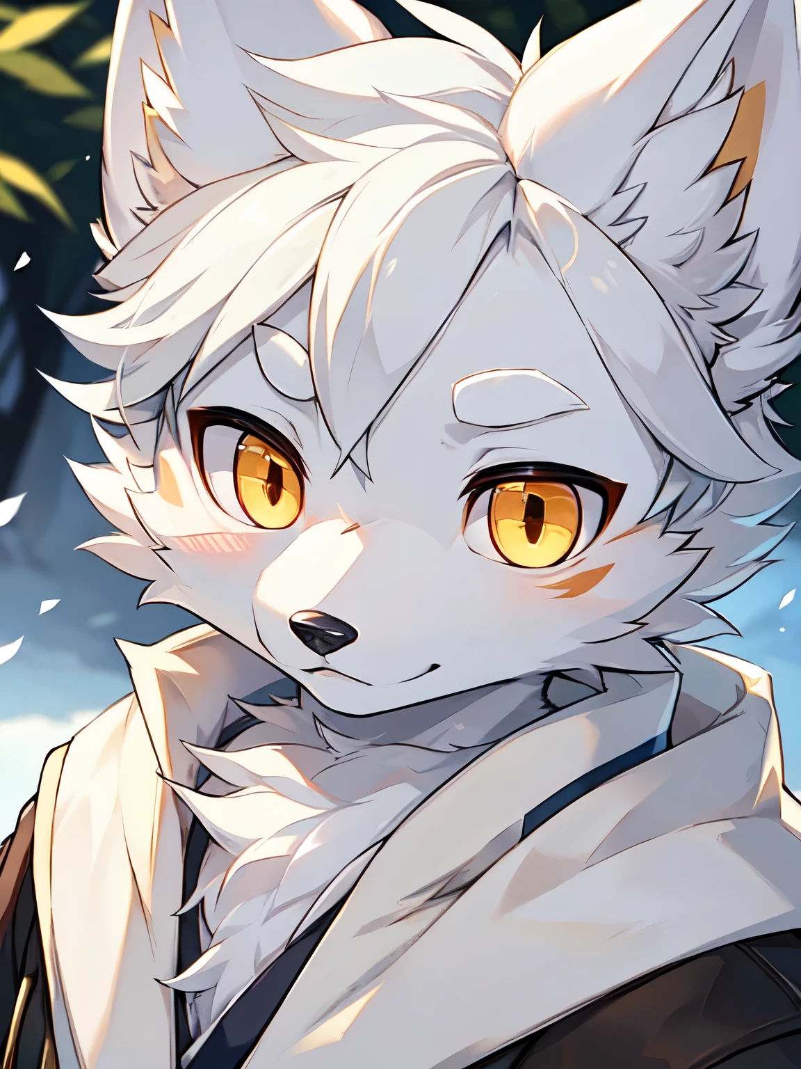 (best picture quality),(masterpiece),(((the only person))),(Super detailed),(male arctic fox:1.5), (white skin:1.3), hairy，(white fur:1.3),((golden pupils)) ,(gray ears),(hairy 动物 耳朵s)，((hunter))，，natural lighting，complex background,Detailed face，Character focus，Detailed clothes，upper part of body，depth of field，lighting perfect，sharp focus