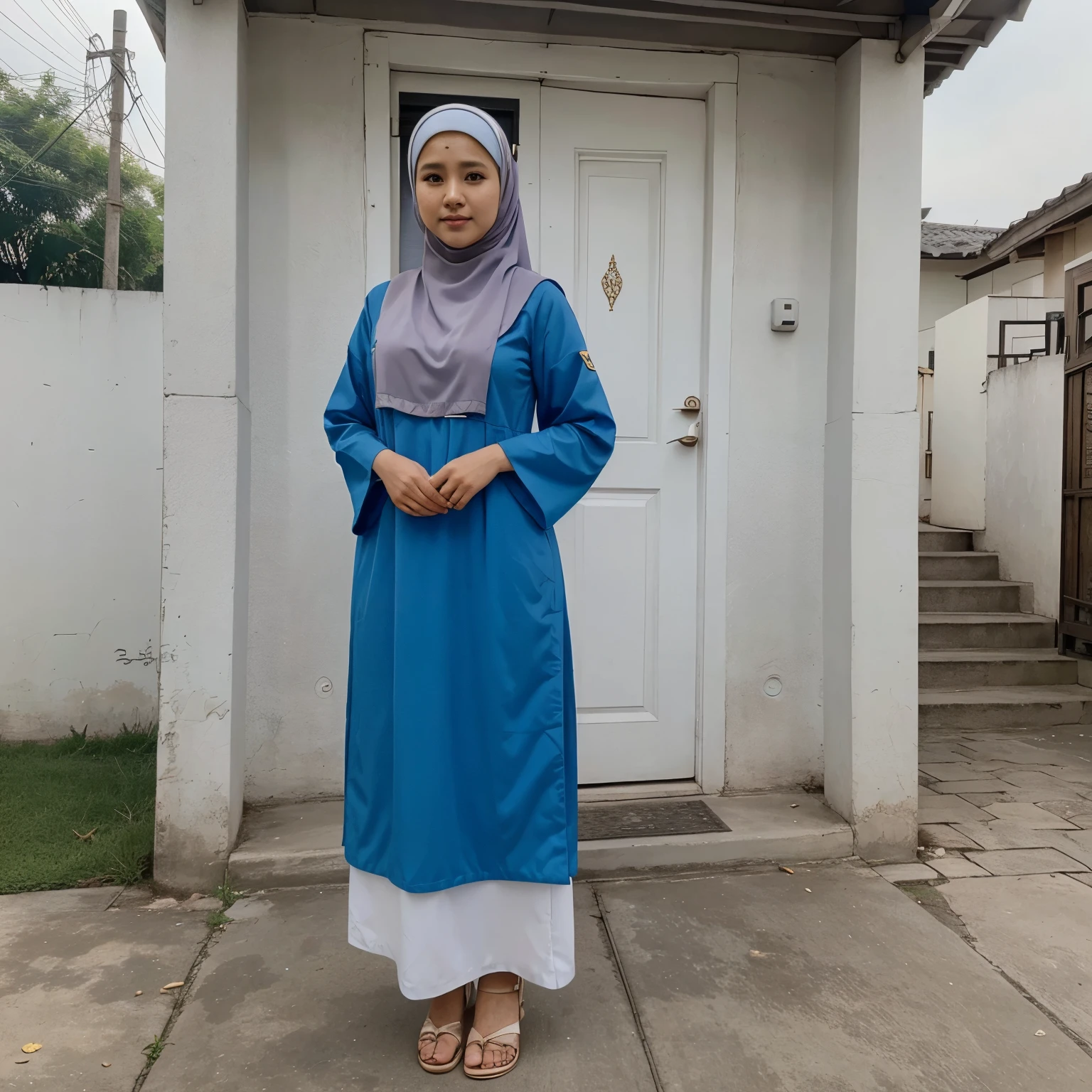 Wanita cantik, gamis biru muda, muka korea, senyum manis, di depan masjid,wanita tersebut memegang Al Qur'an, jilbab putih,