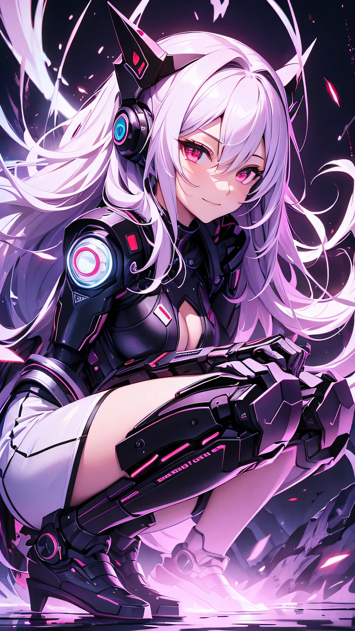 最high quality、best image quality、masterpiece、android girl((18-year-old、 By becoming、vest bust、medium bust,wide open breast tea、red glowing eyes, water hair、messy hair、long hair、thin,highest valley、white robot body、shining blue body、Close ~ eyes、All connected to cables、Show the whole body、robot arm、robot feet、villain、evil smile、squat、Leaning forward)),high quality、beautiful art、background((dark bio facility、dark room、Infrared Sensor、red lighting))、Flight、debris flies、Depth of written boundary、movie、visual art、perfect art、8K,genuine、