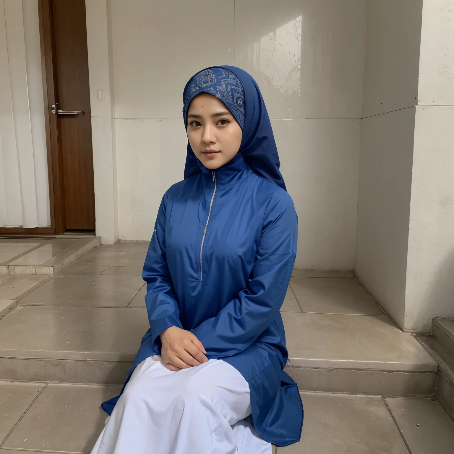 Wanita cantik, gamis biru muda, muka korea, senyum manis, di depan masjid,wanita tersebut memegang Al Qur'an, jilbab putih, 