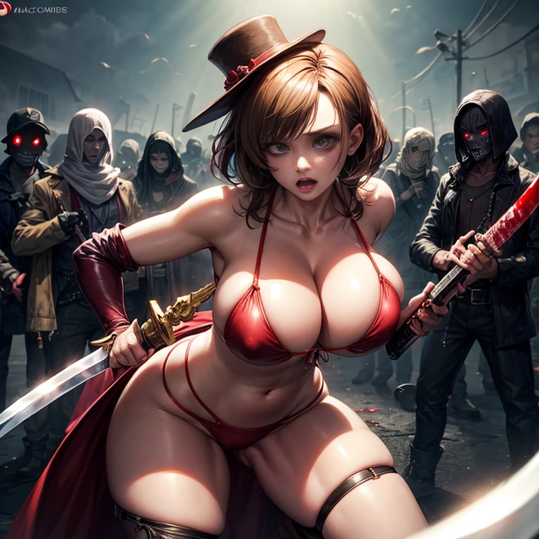 bikini string girl, Zombie Blood,Bikini girl surrounded by zombies, Bloodstained、Machetes、ax、camel toe、huge tit、nipple puff、cleavage、battle、horror、resident evil、Japanese sword、Big Sister Sword Fighting、ten gallon hat