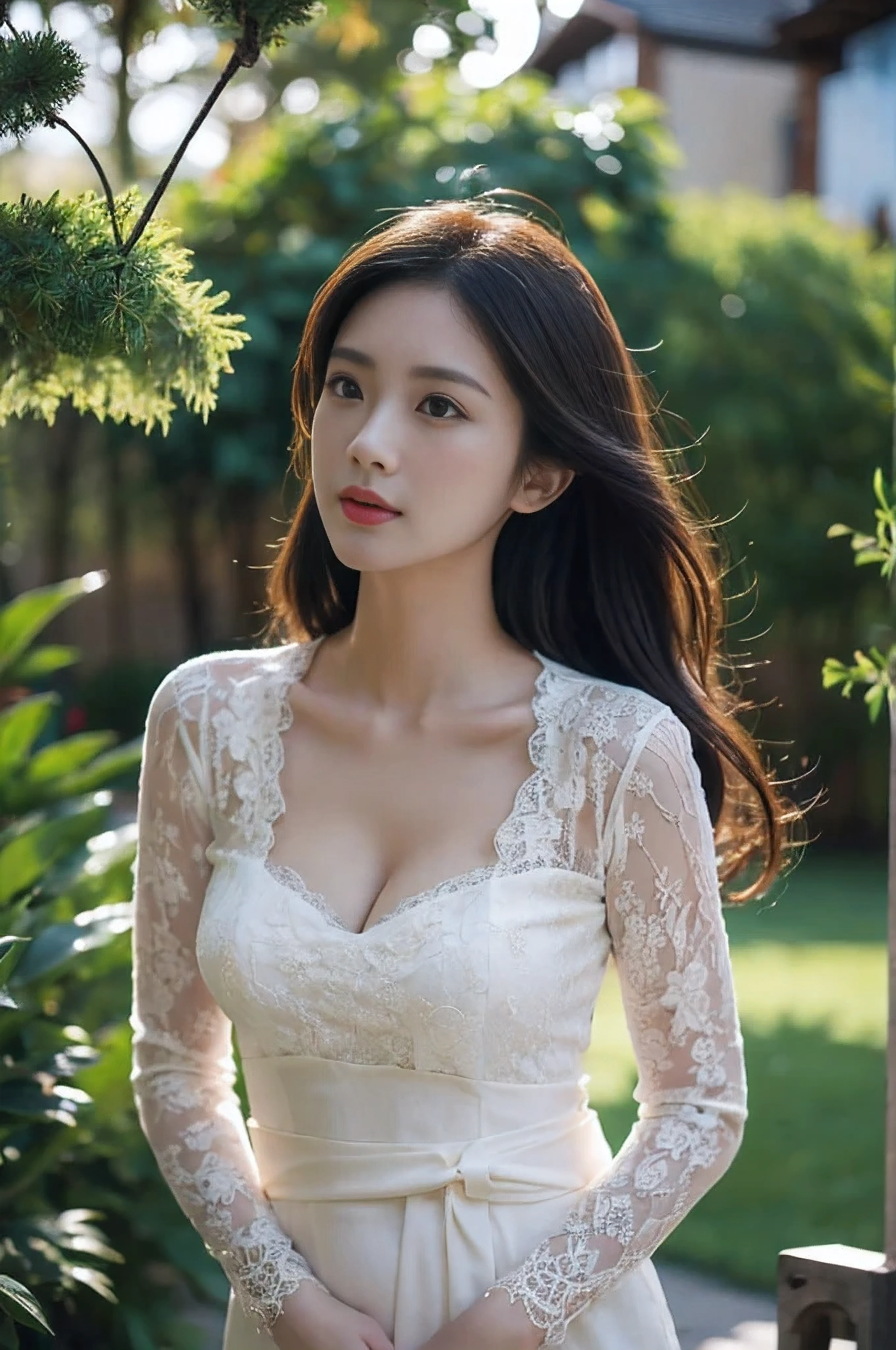 8k, best quality, Medium close-up, (white kebaya )、(luxury kebaya ),(top-quality,masterpiece:1.3,超A high resolution,),(ultra-detailliert,Caustics),(Photorealsitic:1.4,RAW shooting,)Ultra-realistic capture,A highly detailed,high-definition16Kfor human skin, Cute and lovely Korean girl, realistic, ultra detail, photo realistic, Increase quality,
standing in a garden with a scarf, garden, (large breast), (cleavage ), close-up shot, mouth,dark-haired, long hair, (depth of fields、chromatic abberation、Wide range of lighting、Natural Shading、)、(Exterior light at night:1.4)、(Hair swaying in the wind:1.2).