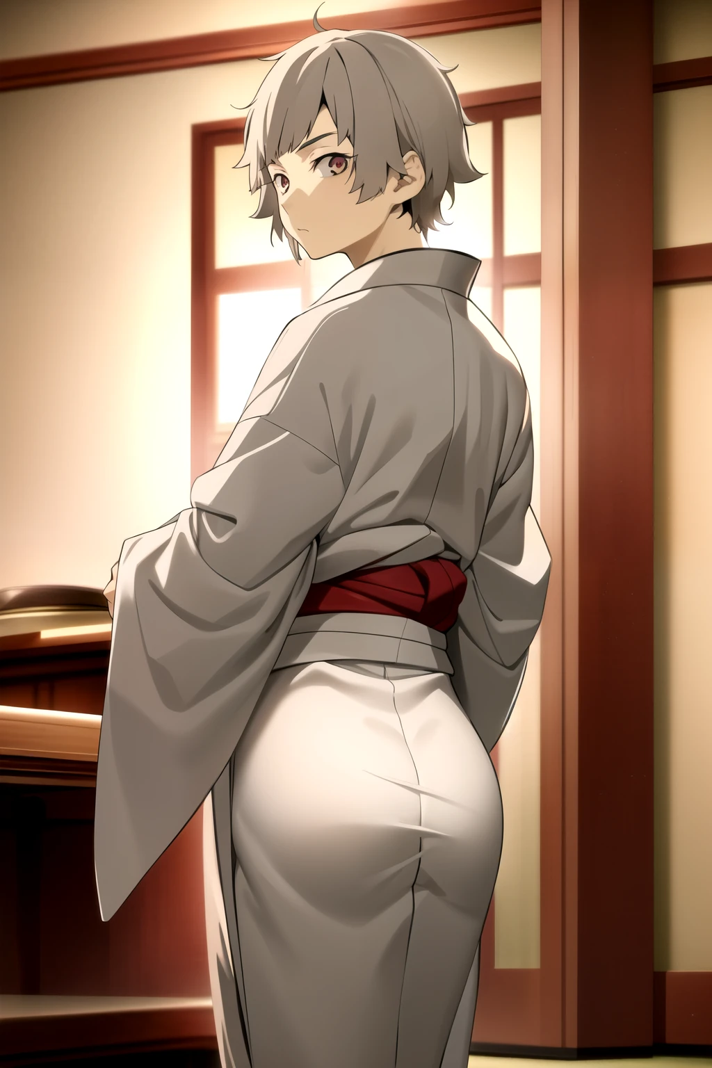 masterpiece, best quality, high quality, 1boy, solo, male focus, looking at viewer, nakajima_atsushi, grey hair, (yukata uniform: 1.2), hentai face,Taisho era, rear view, shows ass, butt 