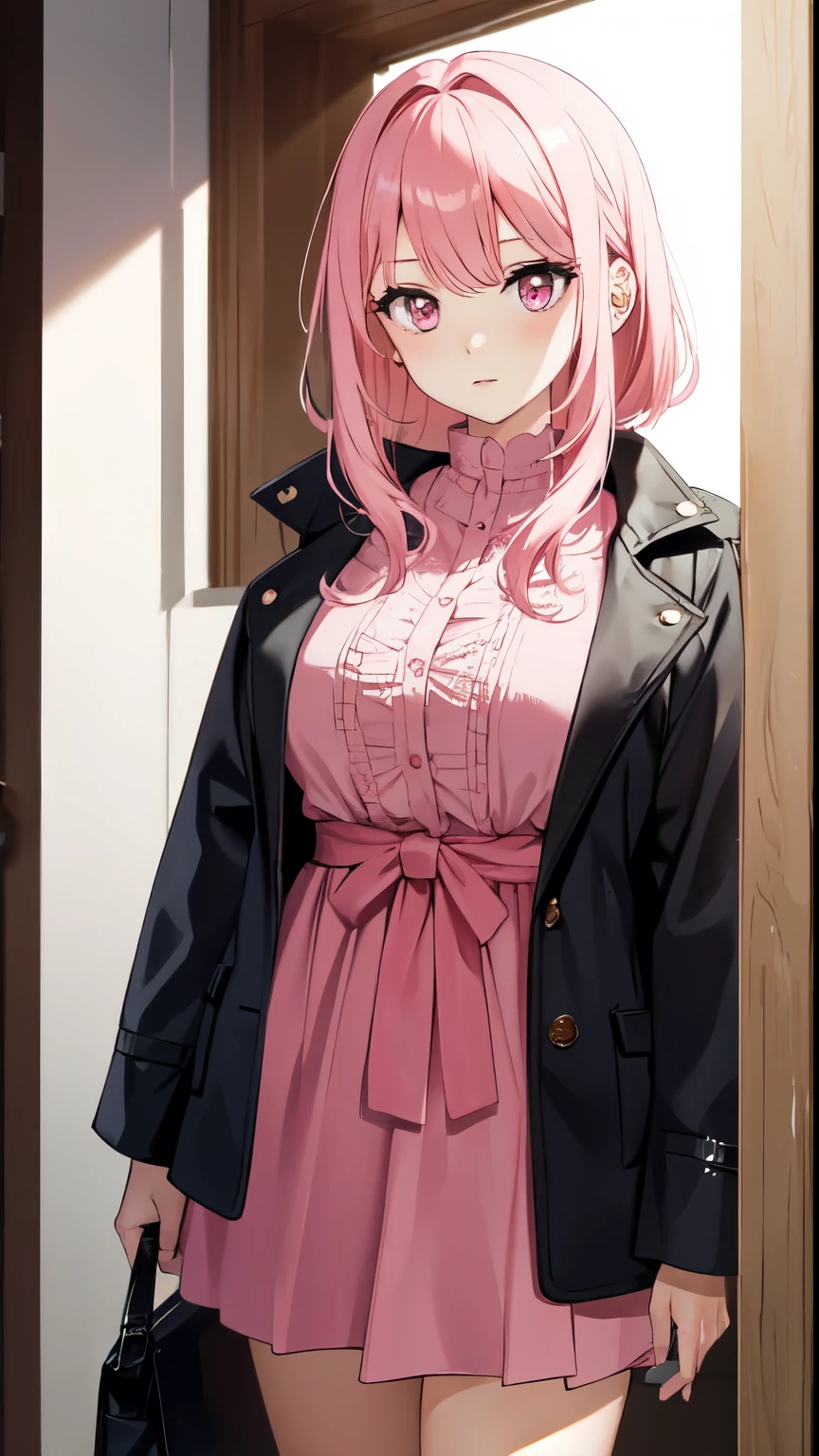 a girl, pink hair, (big eyes, pink eyes) bangs, luxurious face, beautiful, rich, wearing a noble dress