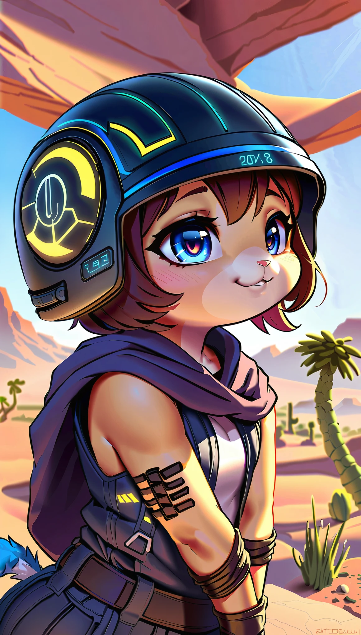 (highest quality, 4k, 8K, High resolution, masterpiece:1.2), Super detailed, Close-up of science fiction with a furry woman wearing a helmet, ((desert oasis, rich light changes)), Very complex and detailed expression, Fusion of ancient ruins and science fiction, Rabbit girl, cyberpunk fashion, high contrast, (((Expressing Chibi Kawaii:1.2))).
