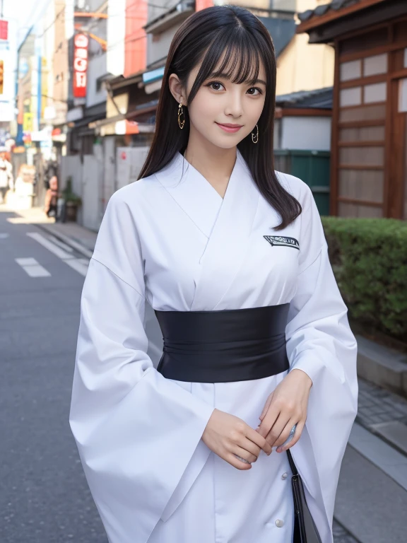 Beautiful woman wearing neat Japanese clothes、((best quality、8K masterpiece:1.3))、sharp focus:1.2、(super beautiful face:1.0)、(shiny skin:1.0)、realistic pictures、black haired、video writing、High resolution eyes and face、video writing、Japanese idol actress、from the front、smile、Slender beauty、whole body、In furisode、shrine