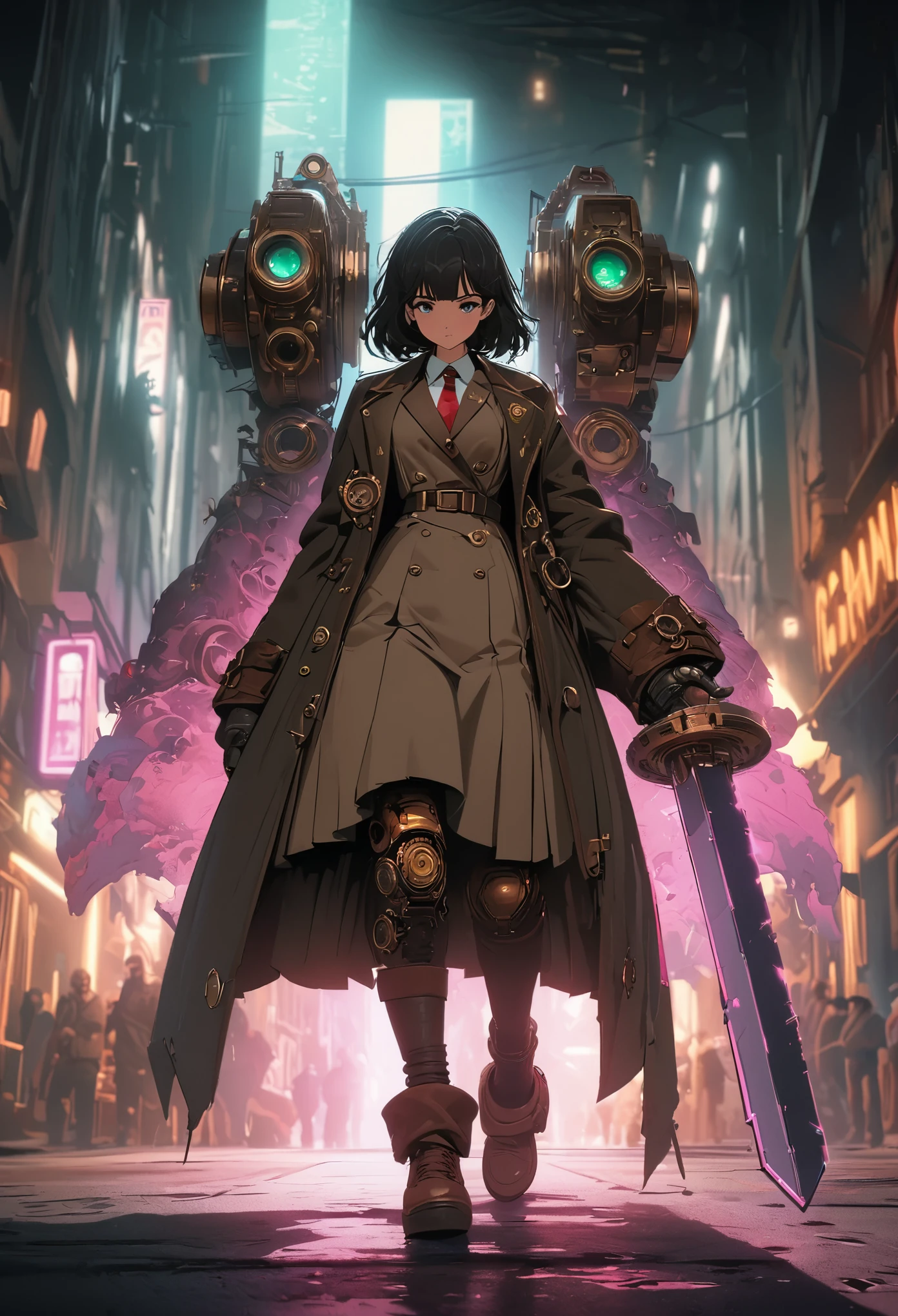Steampunk,JK school uniform girl,Holding a huge mechanical sword,(There is a black blurry shadow standing behind me:1.5),Beautiful,Glowing special effects,celluloid style,Flat coating,HD,CG art,comics,8K,looking into camera,high quality,illustration,Vaporwave style,rim light,movie lighting,Super detailed,complex,OC renderer,cinematic perspective,high resolution