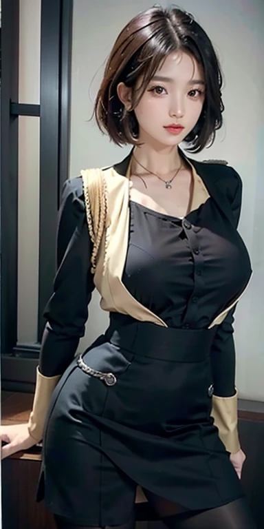 (highest resolution, clear_image), highest quality, masterpiece, very detailed, semi-realistic, woman with shoulder-length black hair, black pupil, mature, mature woman, emperor's sister, sexy, short hair, triple bang, Blue uniform, Air Force color uniform jacket, soldier, , uniform, fighter front line, future, SF, universe、realistic, High resolution, soft light,1 female, alone, hip up, (detailed face),tattoo, jewelry, badge,, German/(sexyuniform/), Pencil Mini Skirt、(肌の露質の高いsexy制服)、(thighs、chest。Her shoulders are exposed and erotic)、equip a machine gun、(No sleeve、nipples stand、パンツがチラ見えsexyポーズ)