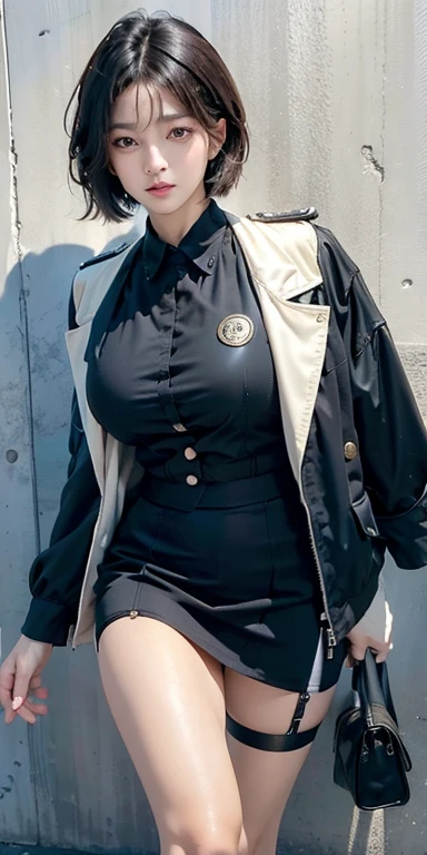 (highest resolution, clear_image), highest quality, masterpiece, very detailed, semi-realistic, woman with shoulder-length black hair, black pupil, mature, mature woman, emperor's sister, sexy, short hair, triple bang, Blue uniform, Air Force color uniform jacket, soldier, , uniform, fighter front line, future, SF, universe、realistic, High resolution, soft light,1 female, alone, hip up, (detailed face),tattoo, jewelry, badge,, German/(sexyuniform/), Pencil Mini Skirt、(肌の露質の高いsexy制服)、(thighs、chest。Her shoulders are exposed and erotic)、equip a machine gun、(No sleeve、nipples stand、パンツがチラ見えsexyポーズ)