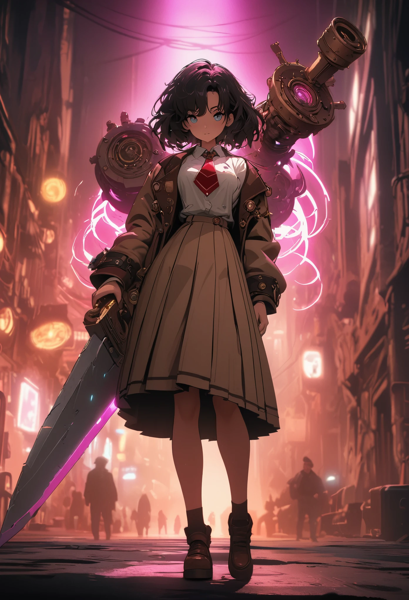 Steampunk,JK school uniform girl,Holding a huge mechanical sword,(There is a black blurry shadow standing behind me:1.5),Beautiful,Glowing special effects,celluloid style,Flat coating,HD,CG art,comics,8K,looking into camera,high quality,illustration,Vaporwave style,rim light,movie lighting,Super detailed,complex,OC renderer,cinematic perspective,high resolution