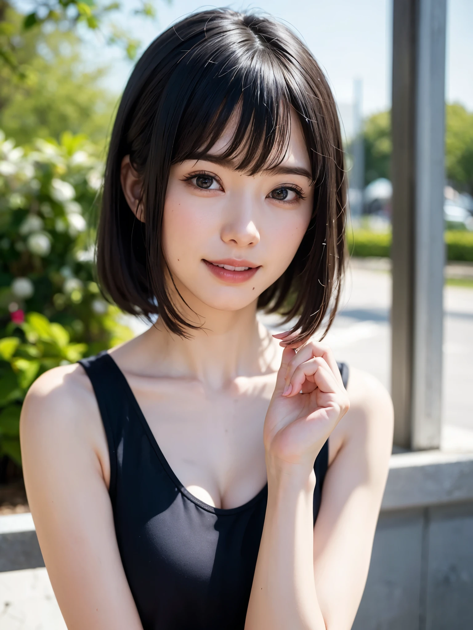 1 girl、highest quality、realistic、alone、Depth of written boundary、natural soft light、daytime、charm、beautiful face、cleanliness、pure face、white skin、cute、short hair、bangs、beach、Light of the sun、Nedium Breast Body Esbian、((セーター黄金比のbeautiful face 対称性のあるbeautiful face))、long neck、show me your ears、bangsのあるきれいな短いボブヘア、smile with your mouth closed、perfect hands指、perfect hands、perfect body、perfect face、Shine a light into your eyes、perfect anatomy:1.4、とてもcuteスーパーモデル:1.4、{Huge|big|Hugeな|mega} chest, cleavage、Smile:1.6、Very beautiful teeth:1.6