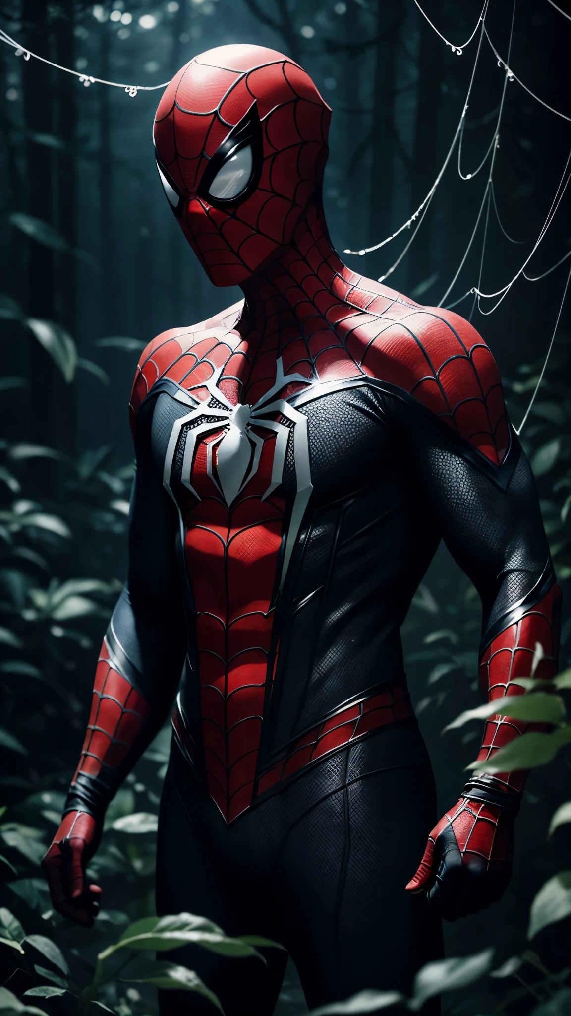 dramatic dynamic portrait of Spider-Man covered in intricate floral bioluminescent spiderweb filigree, misty fantasy forest environment, bokeh ✨, wearing spider suit, spider mask, no hair,