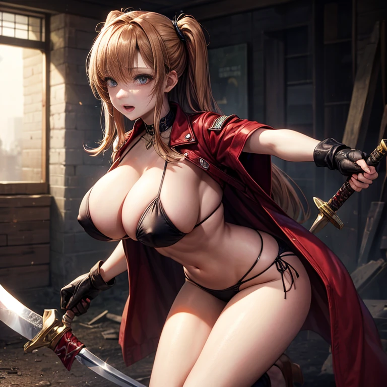 bikini string girl, Zombie Blood,Bikini girl surrounded by zombies, Bloodstained、Machetes、ax、camel toe、huge tit、nipple puff、cleavage、battle、horror、resident evil、Japanese sword、Big Sister Sword Fighting、ten gallon hat、fear